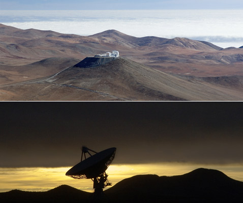 "Герои", благодаря которым удалось "расчленить" внутреннюю структуру S Ori: вверху — обсерватория в чилийской пустыне, где находится VLTI, внизу — один из телескопов VLBA, находящийся в Нью-Мексико (фото Gerhard Hüdepohl,  Ian Parker).