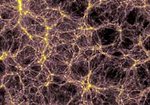 Смоделированная структура ранней Вселенной. Первые галактики размером с Млечный путь, обнаруженные Реннаном Барканой и Ави Лоебом, выглядят как яркие пятна в вершинах этих своеобразных галактических нитей. С сайта cfa-www.harvard.edu